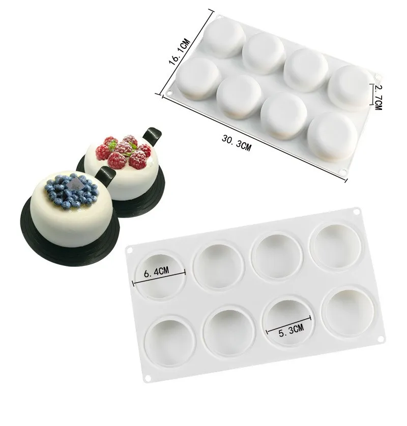 

8 Cavity Flat Round Silicone Cake Mold for DIY Chocolate Mousse Jelly Pudding Pastry Ice Cream Dessert Bread Bakeware Pan Tools
