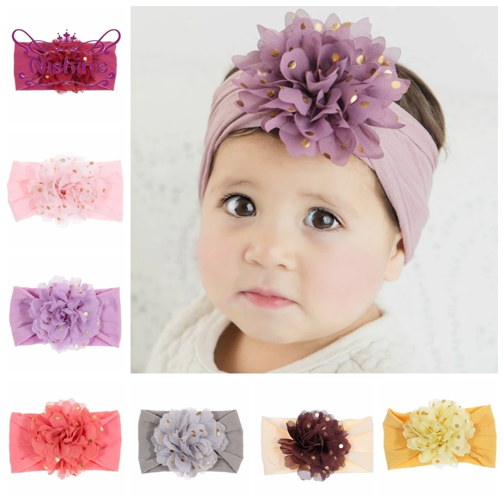 

Nishine Soft Stretch Gold Dot Chiffon Flower Baby Headband Newborn Knot Wide Nylon Headwraps Girls Headwear Kids Photo Props