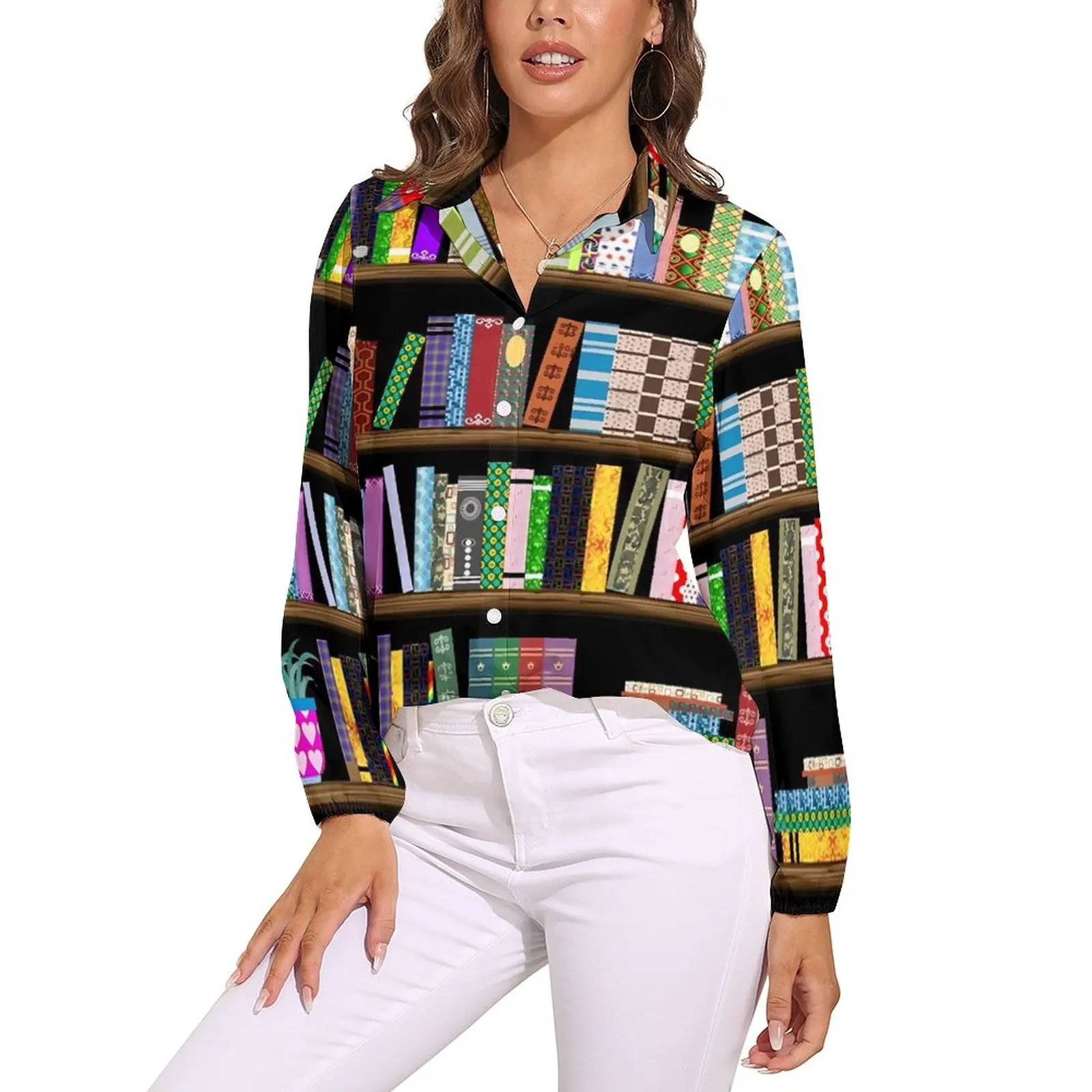 

Library Print Loose Blouse On The Shelves Streetwear Oversized Blouses Female Long-Sleeve Modern Shirt Autumn Graphic Clothes