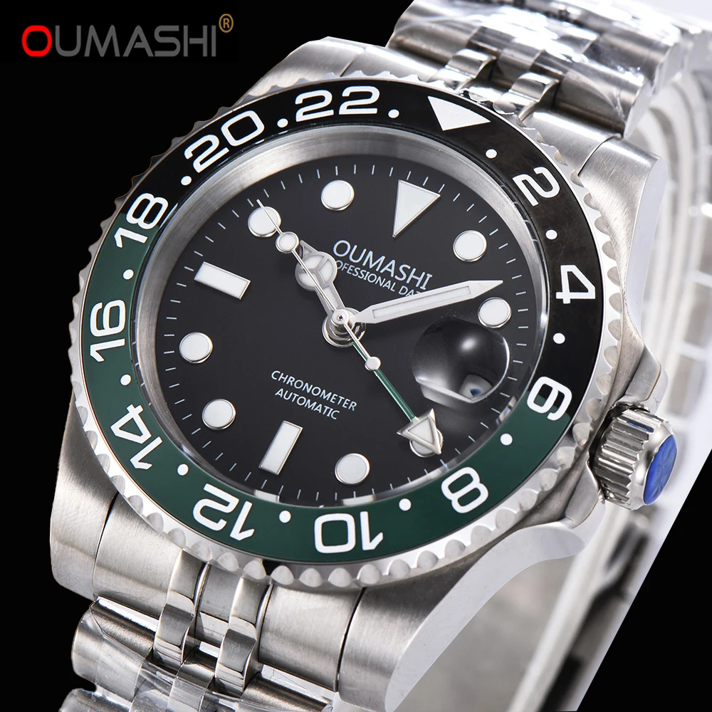 

40mm Oumashi Polished Automatic Men Watch Mechanical watch Automatic Movement Sapphire Glass 5bar Water Proof GMT Black
