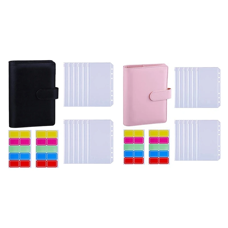 

2Set A6 PU Leather Binder Sleeve With 12 Pieces A6 Binder Bag Loose Leaf Bag, Black & Pink