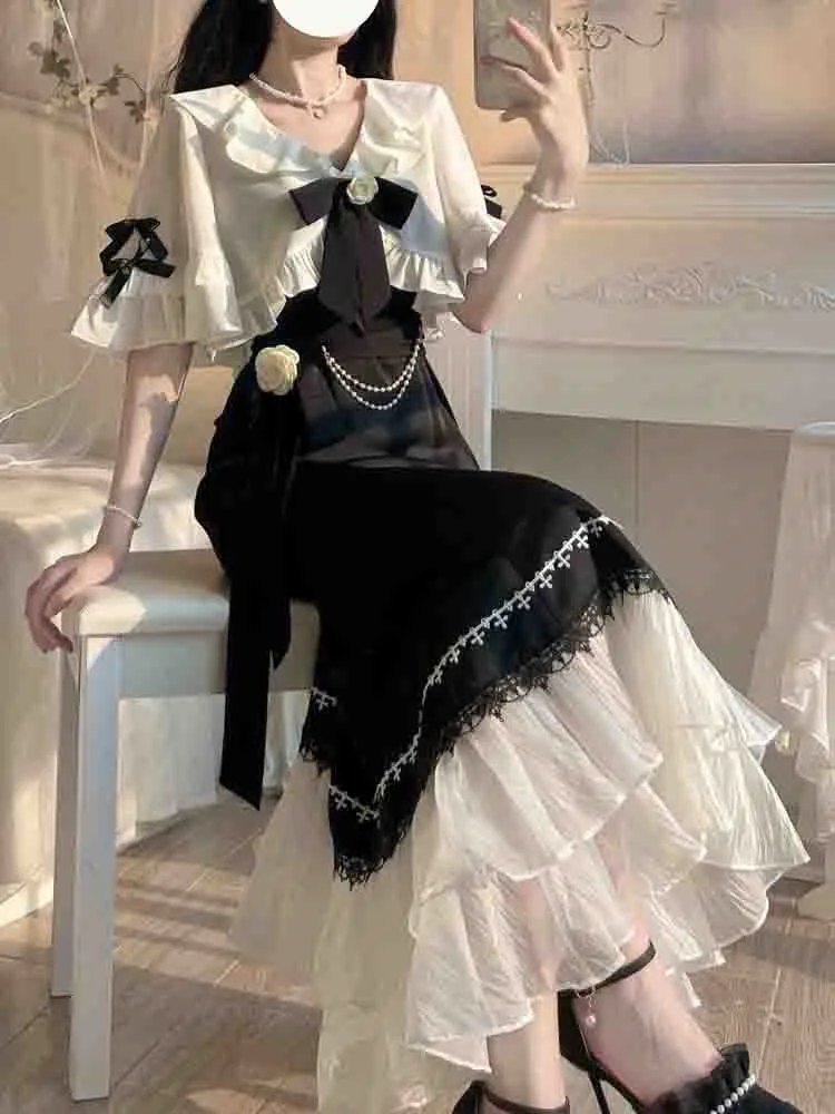 

Female Party Vintage Mermaid Dress Korean Lolita Dress Court French Sweet 2023 Women Fairy Dress Strap Summer Princess Midi Lace