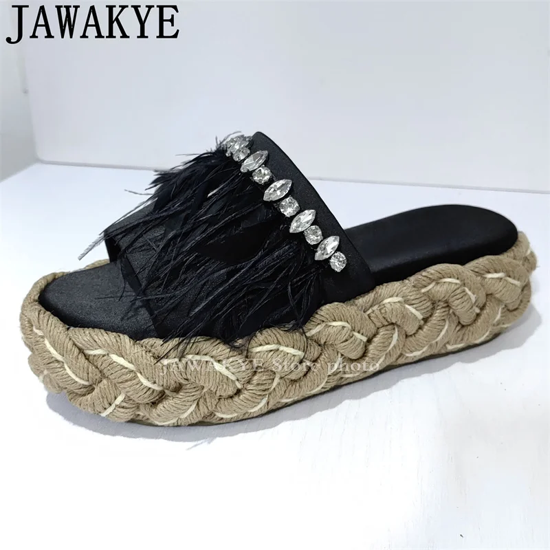 

Round toe Thick Sole Feather Slippers for Women Satin fur Crystal Wedge heels Slippers Summer Hairy Fashion Party shoes Female