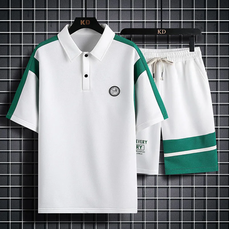 Japanese Style Waffle Casual Sports Suit Men's Summer Trendy Polo Shirt Short-Sleeved T-shirt Loose Shorts Two-Piece Suit