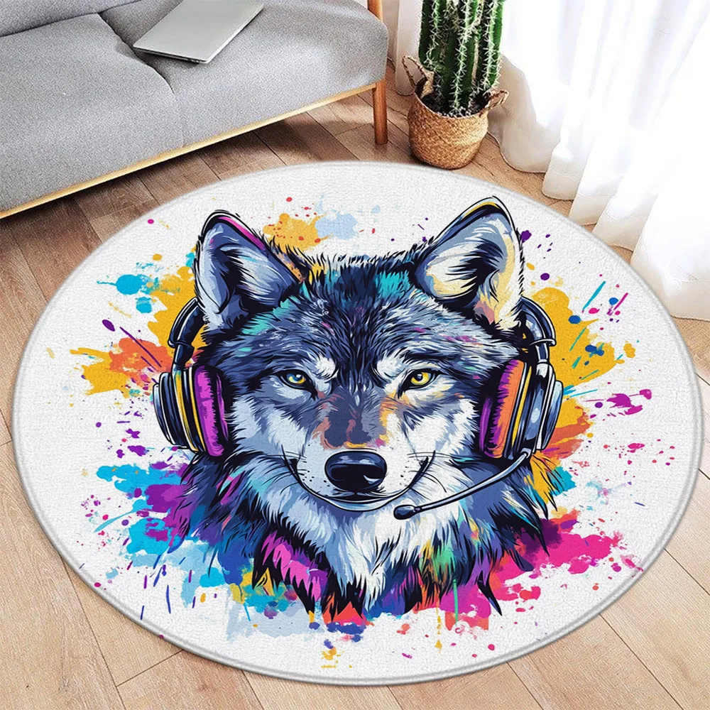 Круглый ковер с белым волком акварельный цветочный фланелевой коврик дикими