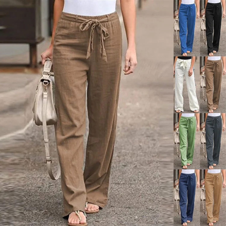 

2022 new women's summer European and American elastic waist solid color cotton and linen belt wide leg pants loose trousers