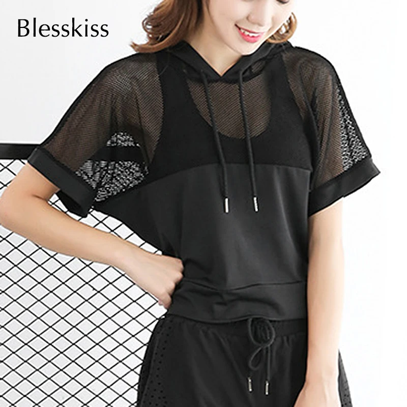 

Sexy Mesh Yoga Tops Women Summer UV Protect Short Sleeve Sport Shirt Workout Running Gym Top Tshirt Sportswear Black White