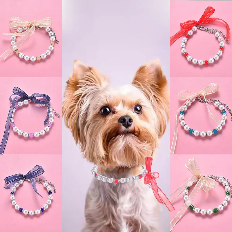 

Pet Collar Puppy Dog Cat Pearl Necklace Pet Accessories Bowknot Diamond Pets Dogs Cats Collar & Leads Pet Wedding Jewelry