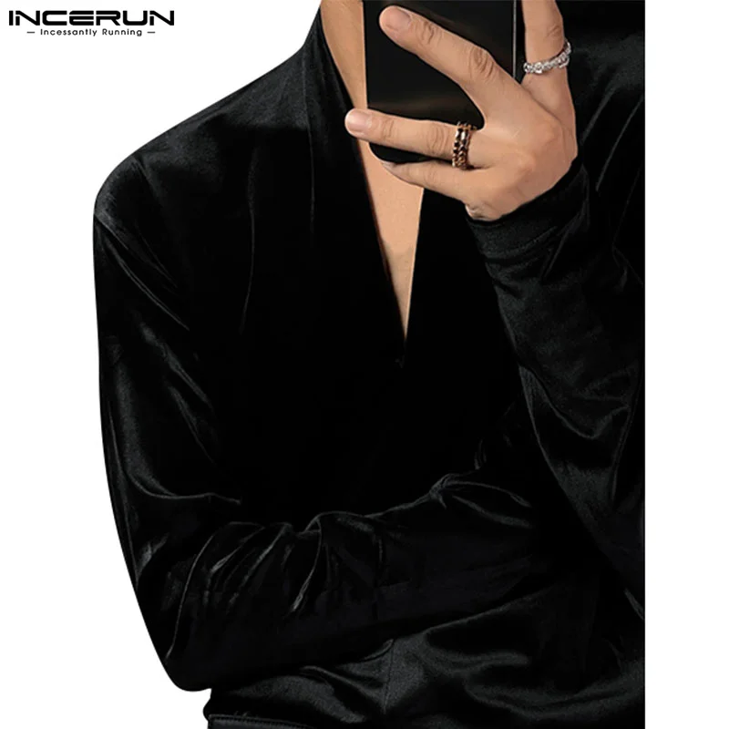 Мужская однотонная велюровая футболка с V-образным вырезом и длинным рукавом