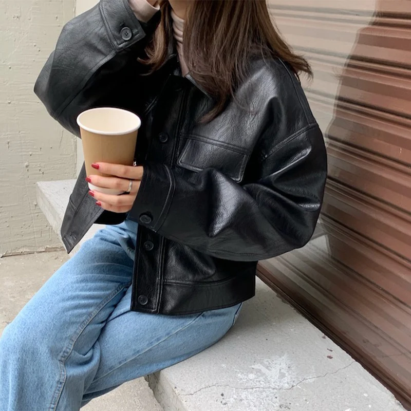 Vintage Women's Pu Flight Jacket Loose Fashion Long Sleeve Women Biker Coat Casual Solid Female Outerwear 2022 New