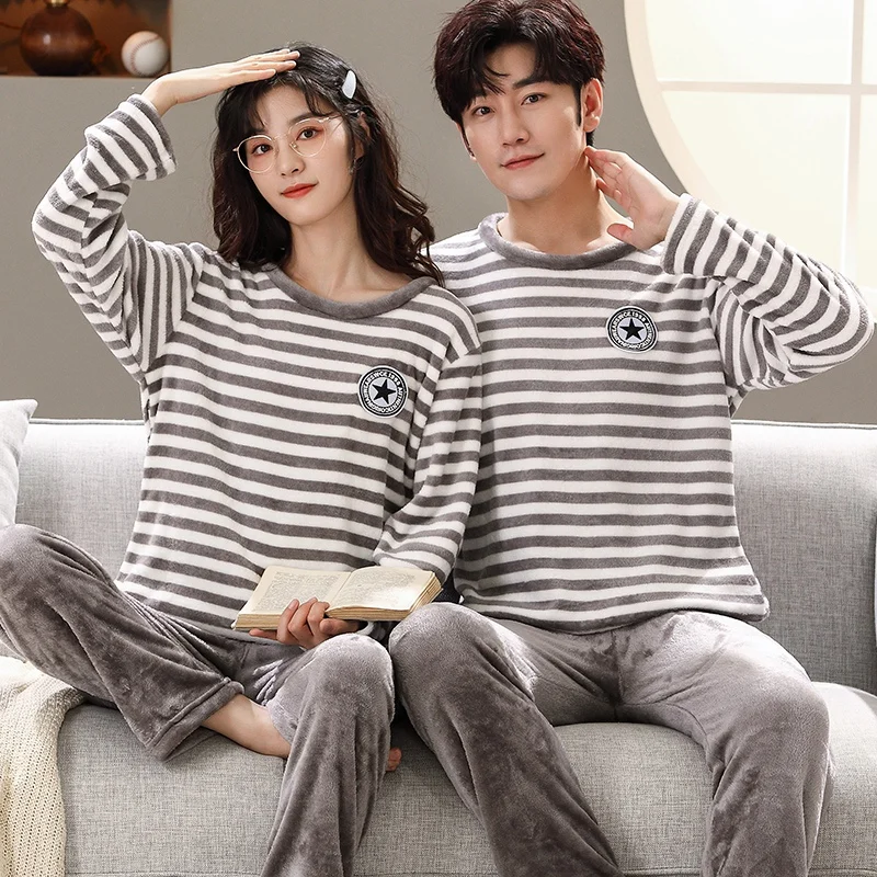 2022 Winter Couple Long Sleeve Thick Warm Flannel Pajama Set for Men Casual Striped Sleepwear Pyjama Women Homewear Home Clothes