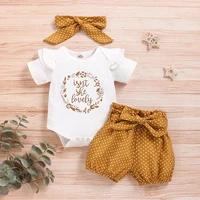infant newborn baby girls outfit set summer pop short sleeve letter bosysuit tops floral wave point shorts three piece set
