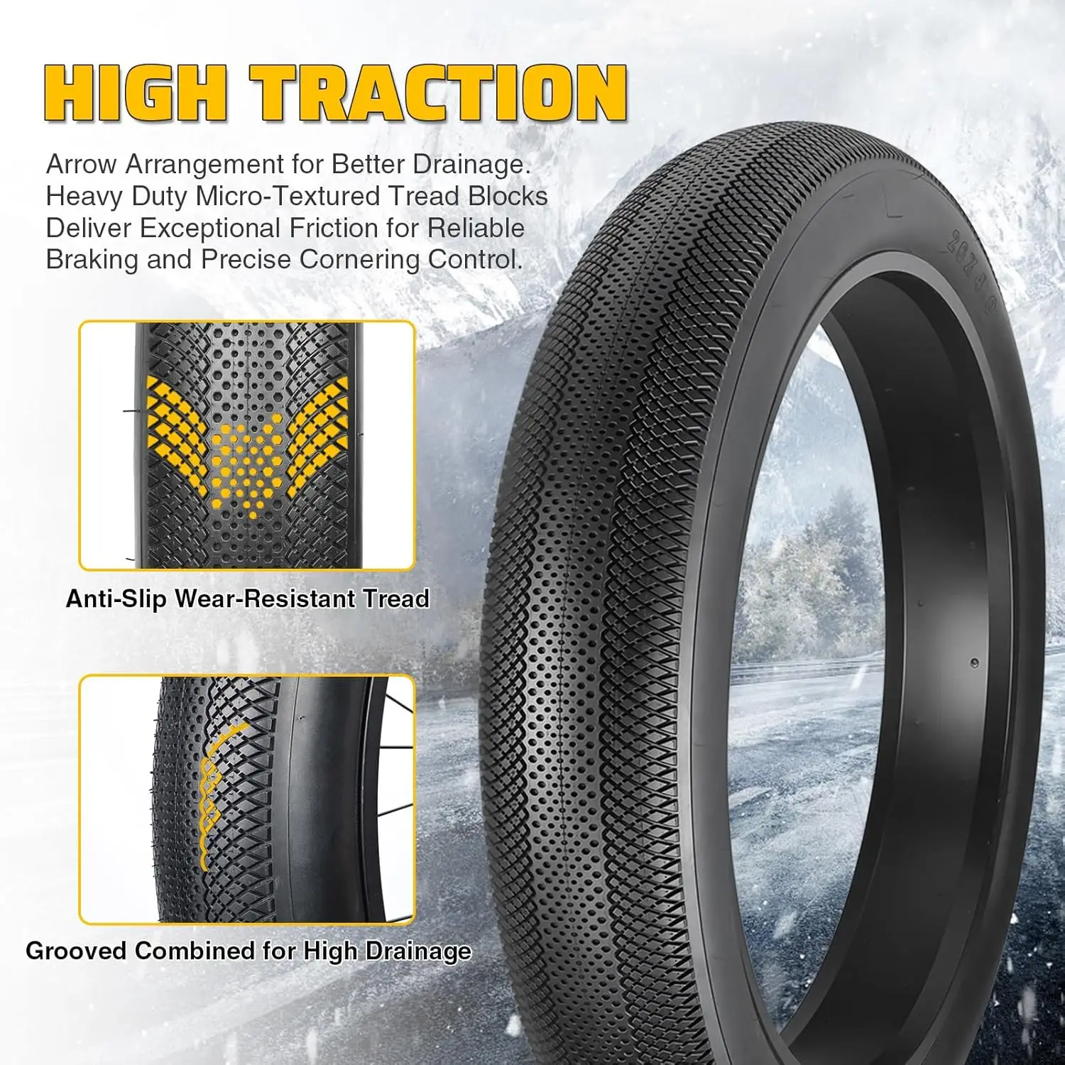 Фото ZUKKA 26x4 E-Bike Fat Tire, высокопроизводительная 26-дюймовая шина для MTB и электровелосипедов, прочная вседорожная рисунок протектора для любых типов местности №5