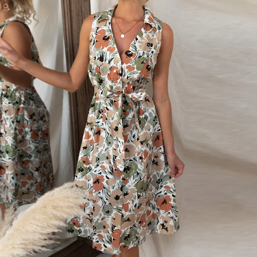 

2022 Summer Turn Down Collar V Neck Lace Up Button Up Shirt Dress Women Vintage Floral Printed Sleeveless Mid-calf Party Dresses