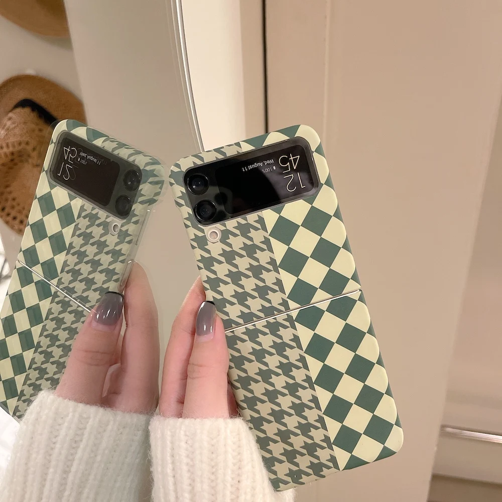 Fashion Houndstooth Stitching Checkerboard Phone Case for Samsung Galaxy Z Flip 3 ZFlip3 Lovely Soft Cover Kickstand