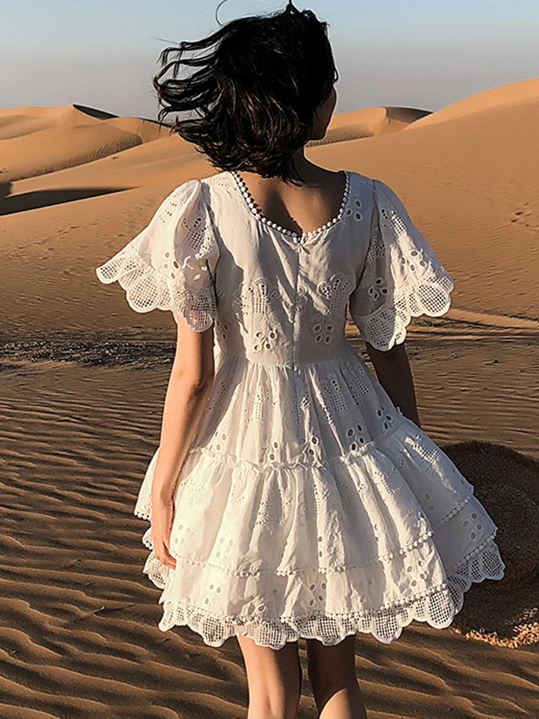 

Jastie Vintage White Crochet Lace Embroidery Dress 2022 Summer Short Sleeve Seaside Vacation Beach Dress for Women Vestidos