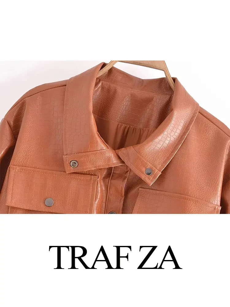 TRAF ZA Womens Pu Leather Jacket Crocodile Pattern Pocket Button Lapel Long Sleeve Coats Fashion Female Punk Vintage Jackets