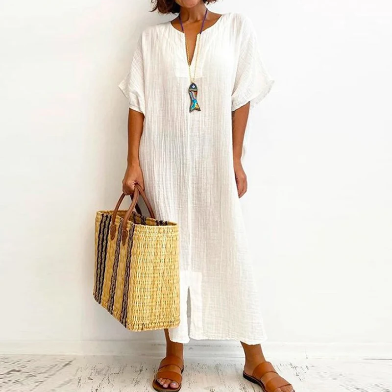 

2022 Summer Solid Cotton Linen Long Dress Women Elegant V Neck Split Loose Party Dress Casual Short Sleeve Pullover Beach Dress