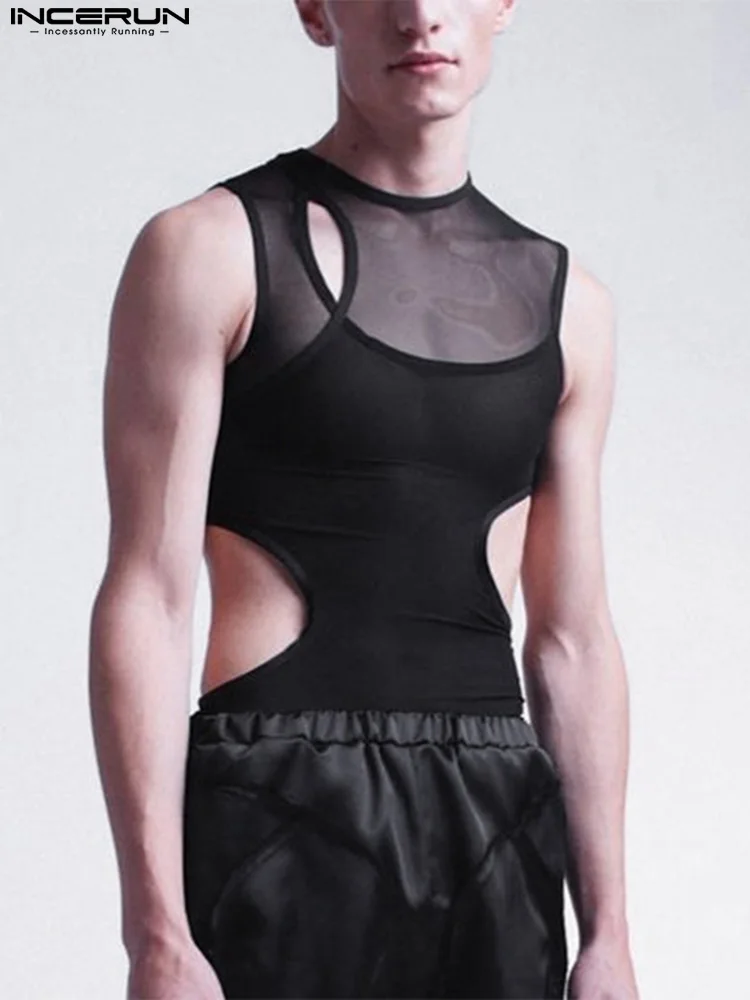 

INCERUN Men Mesh Bodysuits See Through Underwear Sexy Solid Sleeveless Hollow Out Romper Pajamas 2022 Skinny Men Bodysuit S-5XL