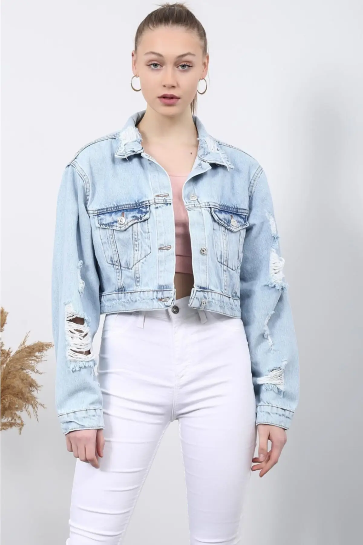 

Women's Fashion Denim Jacket Coat Blue Tear Oversize Crop Jeans Jacket