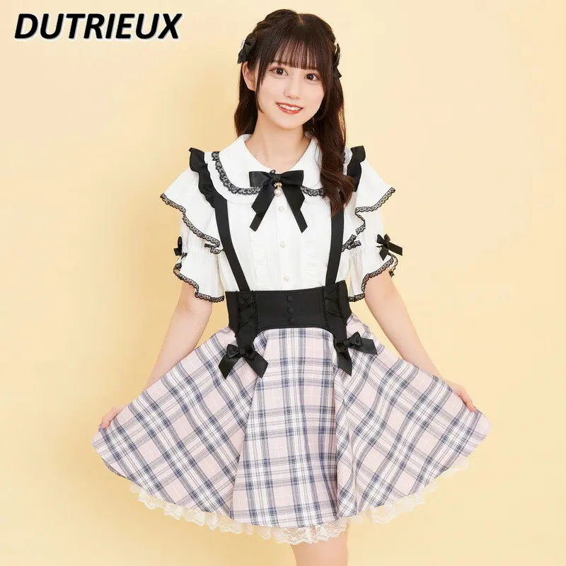 

Customized SC Double Bow Plaid Bandage Uniform Suspender Skirt Detachable Suspender Skirt JK Student Kawaii A-line Short Skirt