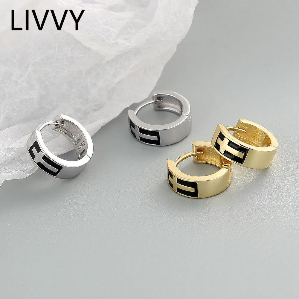 

LIVVY Hot New Punk Trend Cross Black Drop Glaze Hoop Silver Color Earrings Party Jewelry For Women Prevent Allergy