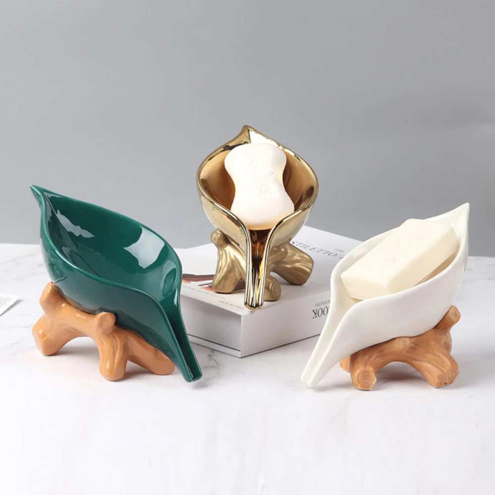 

Leaf Shape Soap Box Drain Sponge Storage Plate Tray Soap Dish Self Draining Soap Organizer Ceramic Holder Bathroom Supplies