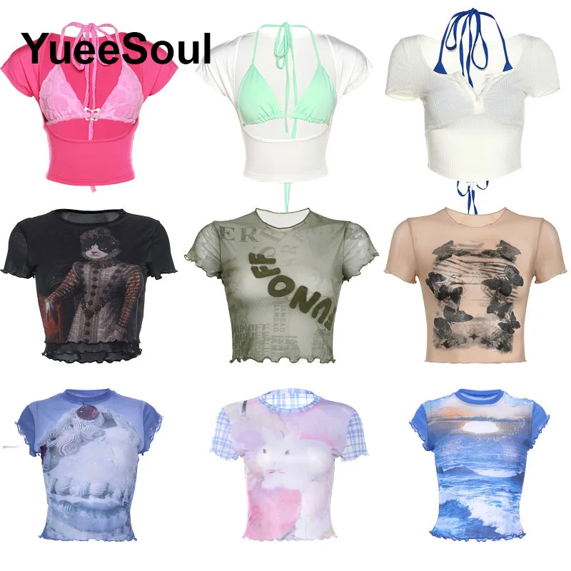 

Футболка женская прозрачная с круглым вырезом, пикантный модный клубный укороченный топ с принтом, Y2k, лето 2023