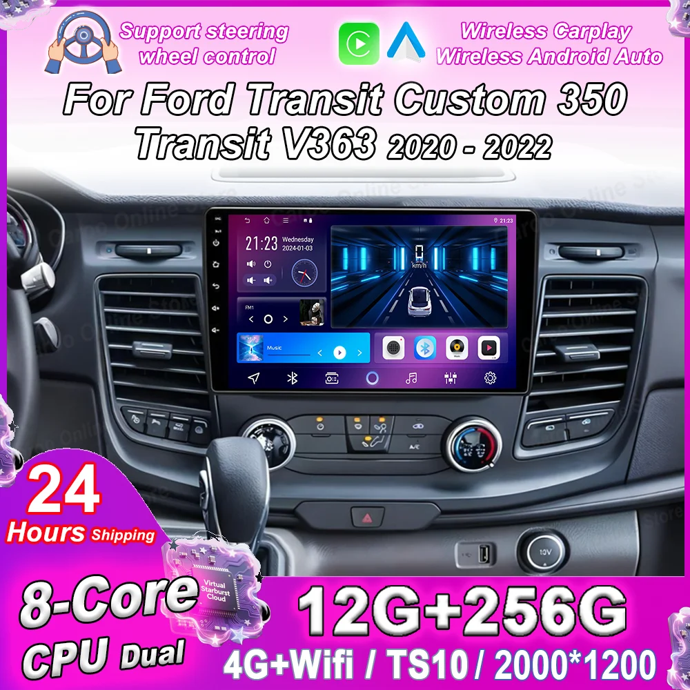 Фото Автомагнитола Android 16 для Ford Transit Custom 350 Transit V363 2020-2022, GPS-навигация, CarPlay, Bluetooth, Wi-Fi №1