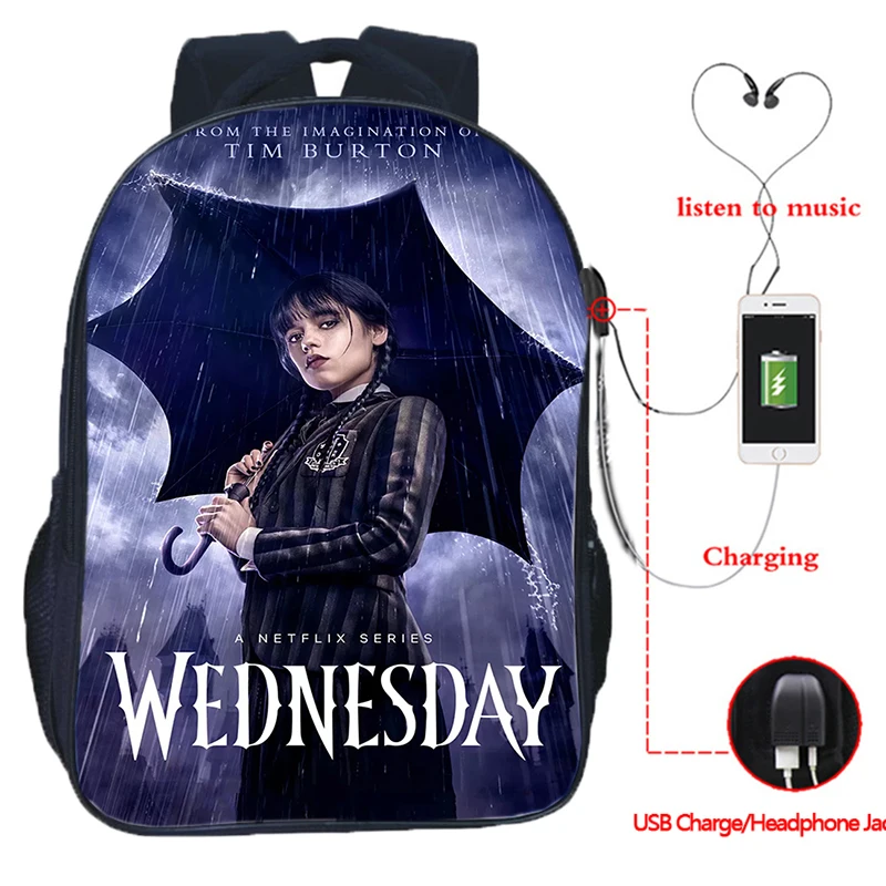 

16 Inch USB Charge Wednesday Addams Backpack Students Boys Girls Knapsack Men Women Travel Laptop Rucksack Infantil Mochila