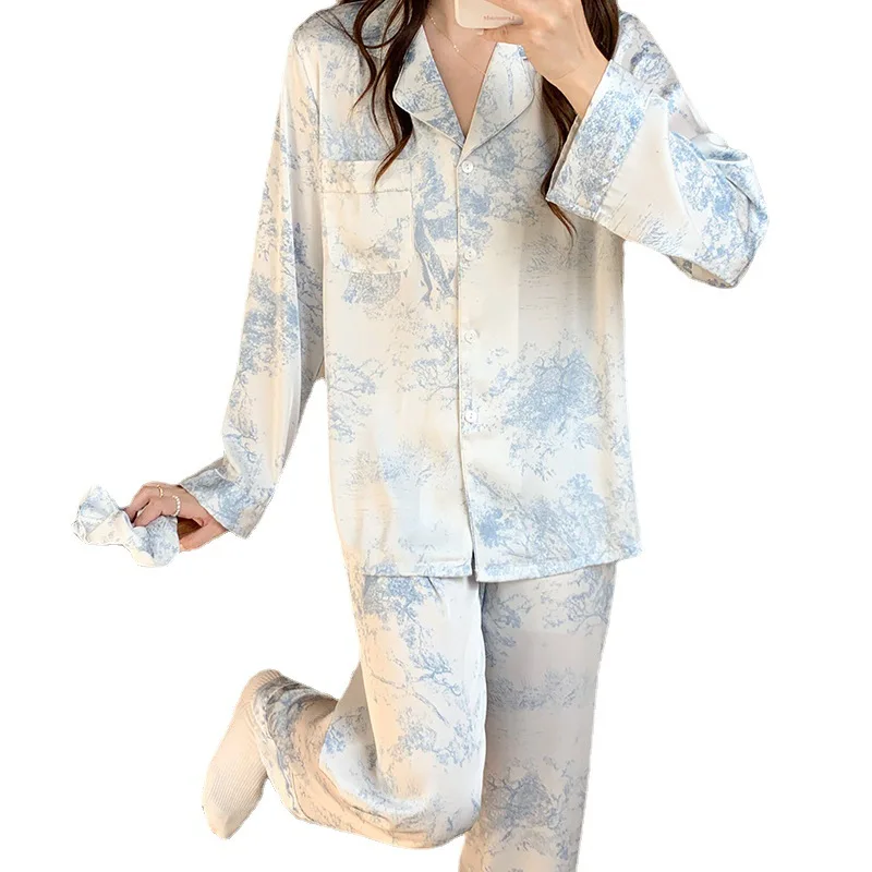 New Pajamas for Women's Spring and Autumn Thin Section Cool Long-sleeved Suit High-end Home Suit Breathable and Soft Loungewear