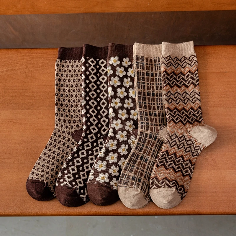 

Lolita Winter New Cotton Socks Brown Warm Retro Harajuku Rhombic Flower Socks Classic Ethnic Style Khaki Designer JK Socks