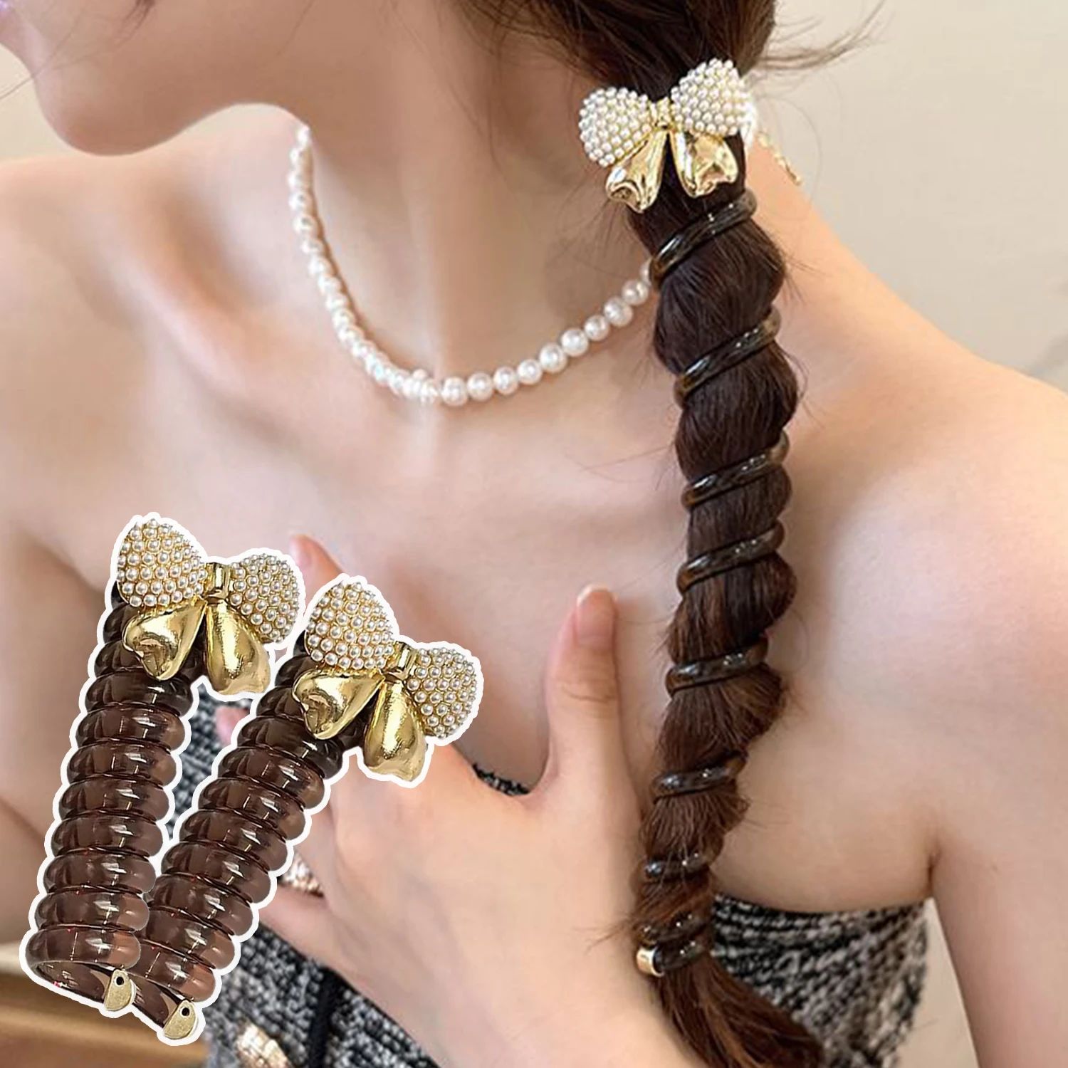 

Elastic Hair Bands Korean Bowknot Telephone Line Ponytail Holder Rubber Band Women Girls Phone Cord Straight Spiral Bow Hair Tie