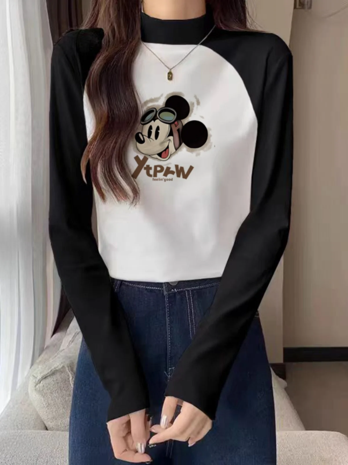 Модная повседневная рубашка реглан контрастного цвета с полувысоким воротником