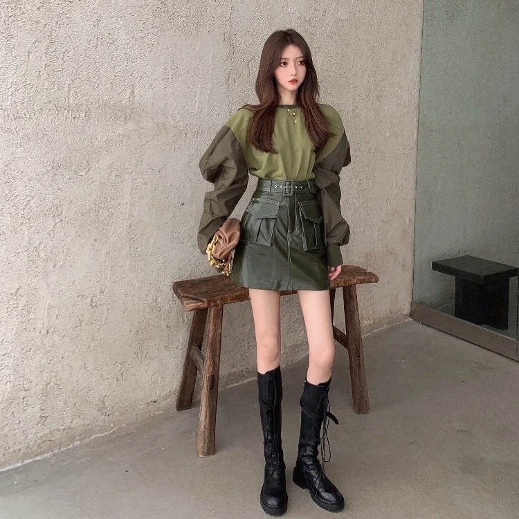 

Свитер с пузырьковыми рукавами, Прошитый топ с круглым вырезом, кожаная юбка с высокой талией, корейский комплект из двух предметов