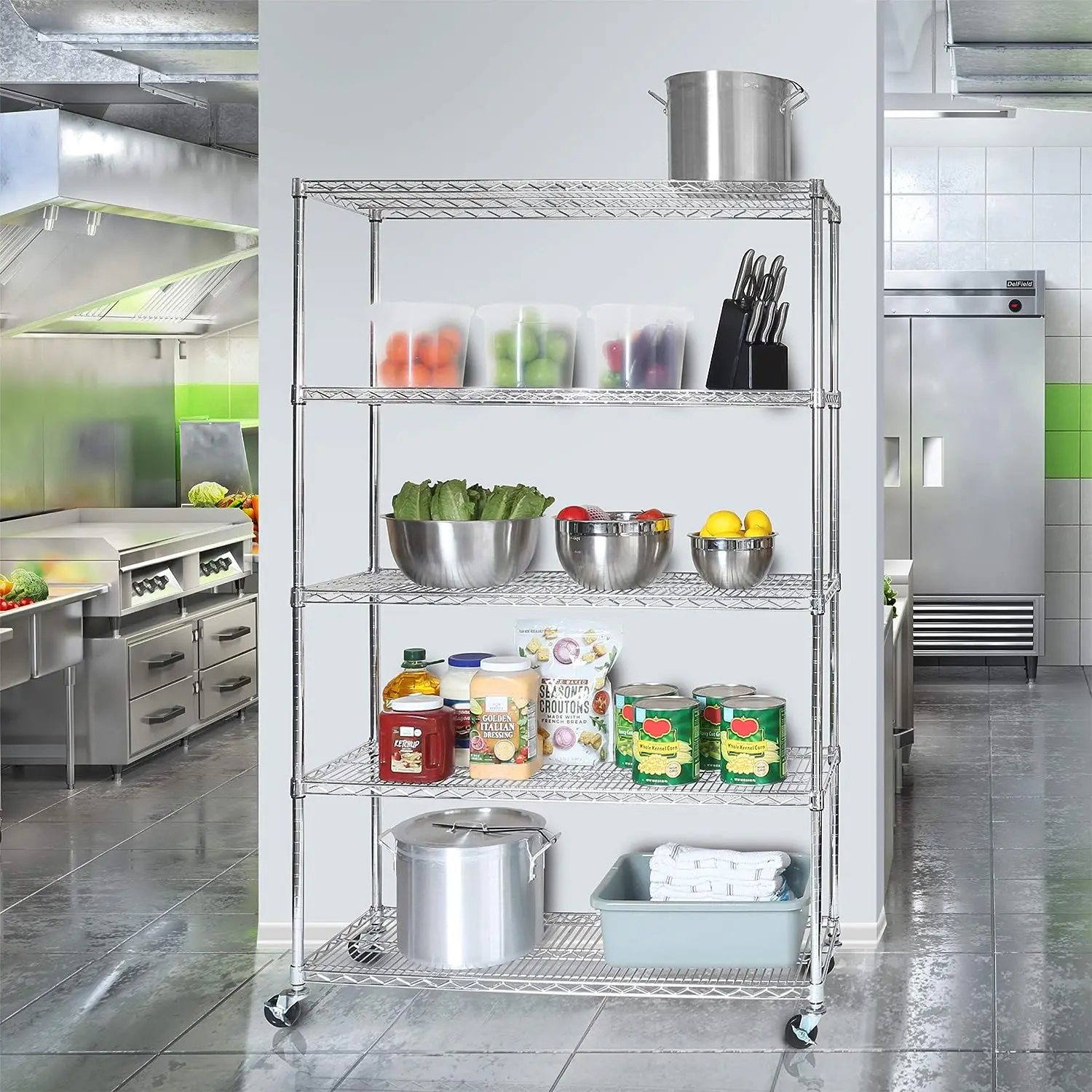 

Commercial Grade Nsf Certified Steel Wire Wheels Organizer for Garage, Warehouse, Office, Restaurant, Classroom, Kitchen, 5-Tier