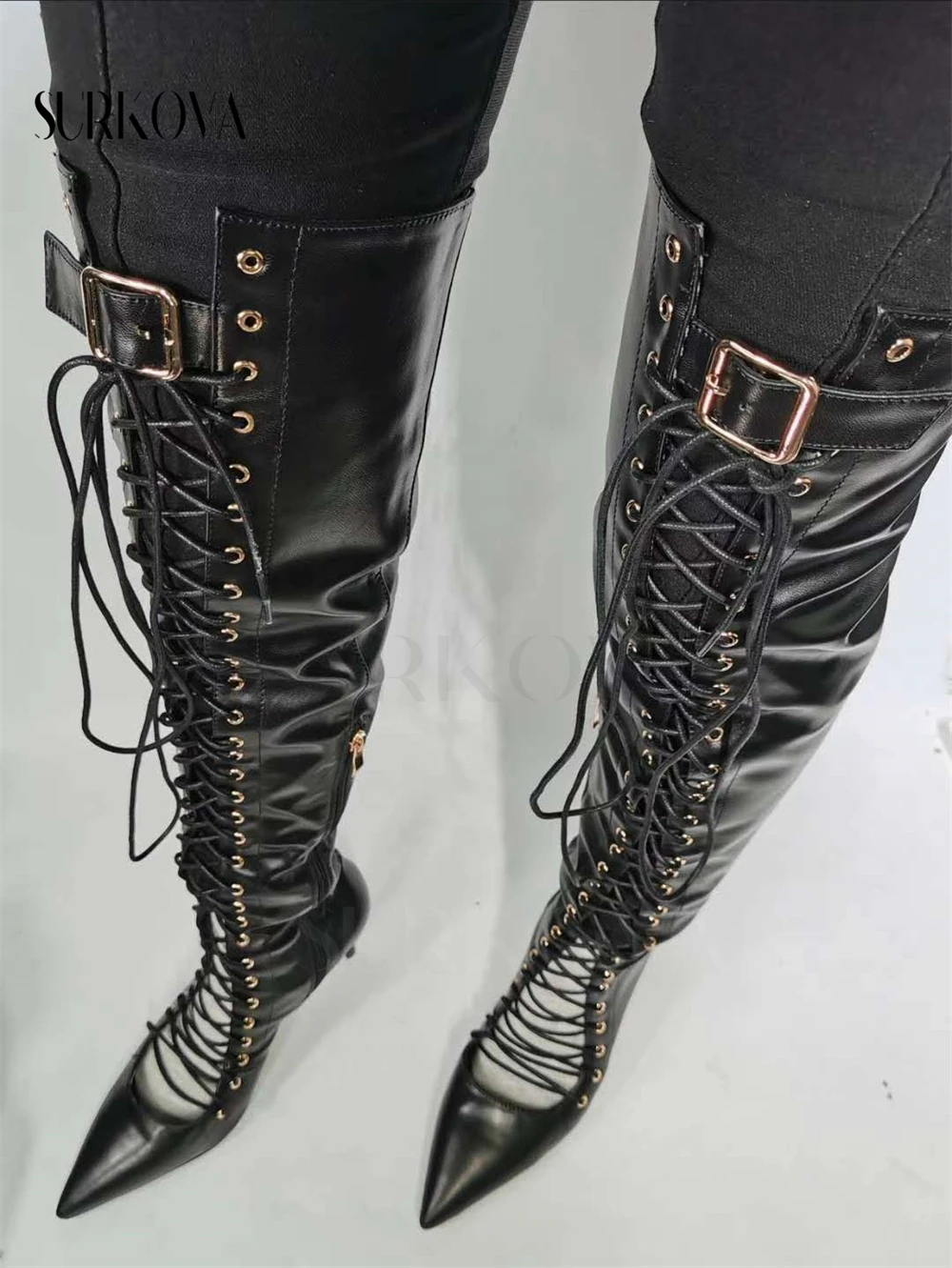 Sexy Women Boots Cross Lace Over The Knee Boots Sexy Point Toe Women Boots High Heel for Ladies Genuine Leather Motorcycle Boots