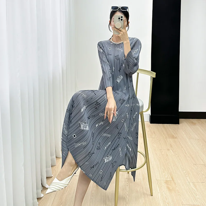 

Женское плиссированное платье миаке, длинное платье оригинального дизайна с рукавом три четверти и круглым вырезом, осень 2023