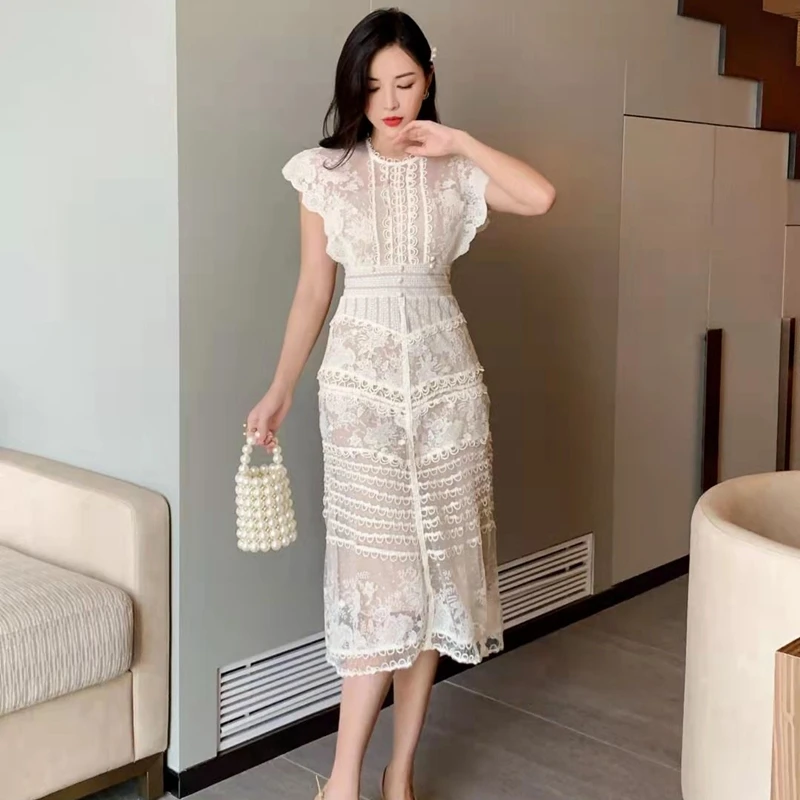 

Summer High Quality Vintage Mesh Lace Embroidery Dress Runway O-Neck Short Sleeve Elegant Party Dresses Vestidos