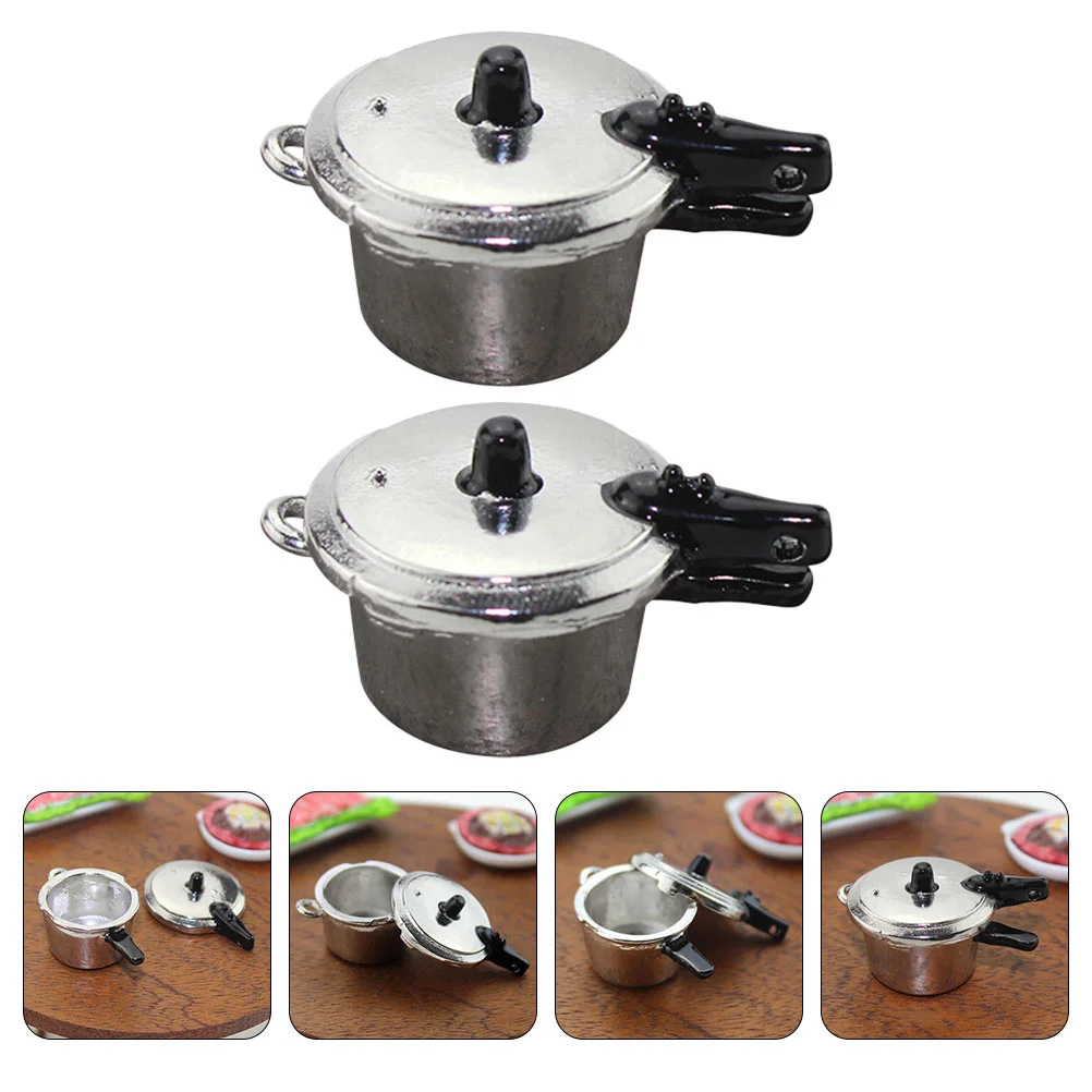 

2 PCS Pressure Cooker Model Mini Toy House Kitchenware Small Decor Simulation Zinc Alloy Cookware Ornament Child