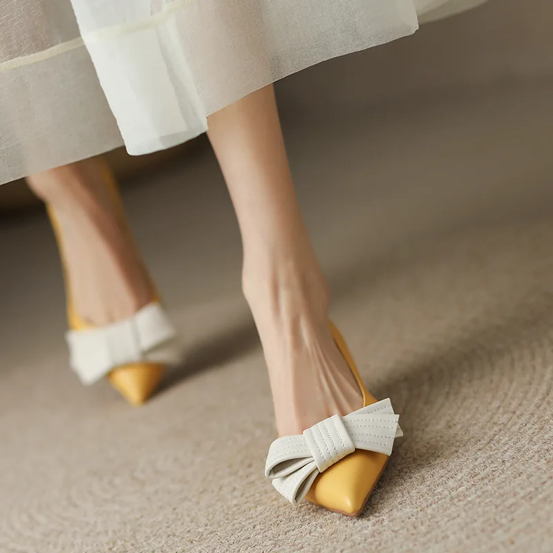 

All-match Pointed Bow Single Shoes Women's 2022 Early Spring New Retro Stiletto Shoes Color-blocking Middle-heeled Women's Shoes