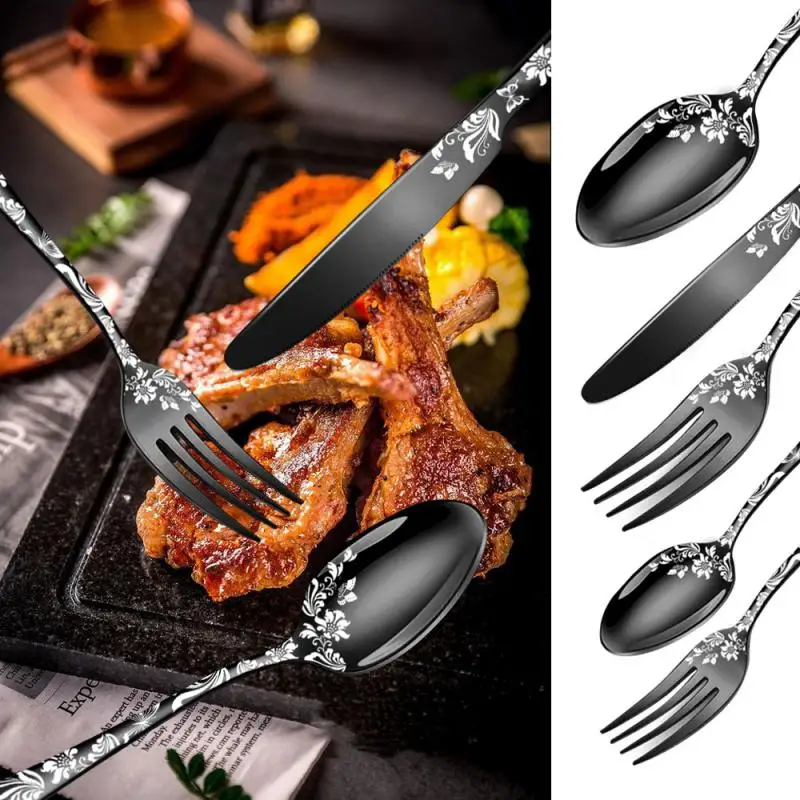 

Luxury Style Dessert Fork Patterned Stainless Steel Teaspoons Special Gift Spoon Fork Knife Dinner Set Tableware Coffee Spoon