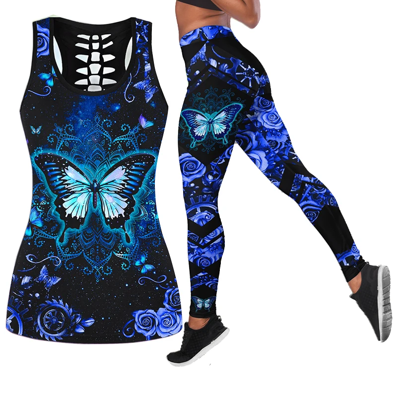 

Summer Fashion Butterfly Print Women Sport Suit Gym Yoga Sets Women Sportwear Yoga Set Fitness Yoga Wear