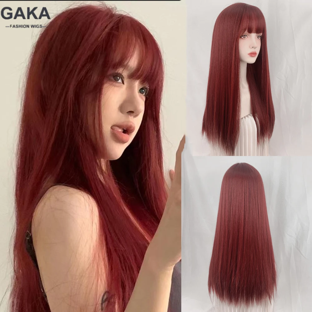 

GAKA Wine Red Synthetic Wigs WIth Bangs Long Hair Lady Heat Resistant Cosplay Lolita Wig role-playing Halloween party