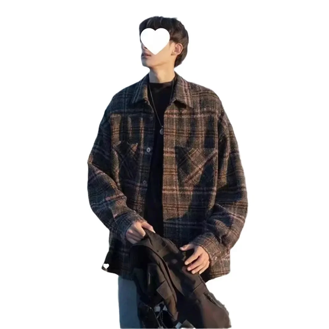 Осень/зима 2023 новая мужская клетчатая шерстяная куртка-рубашка средней длины