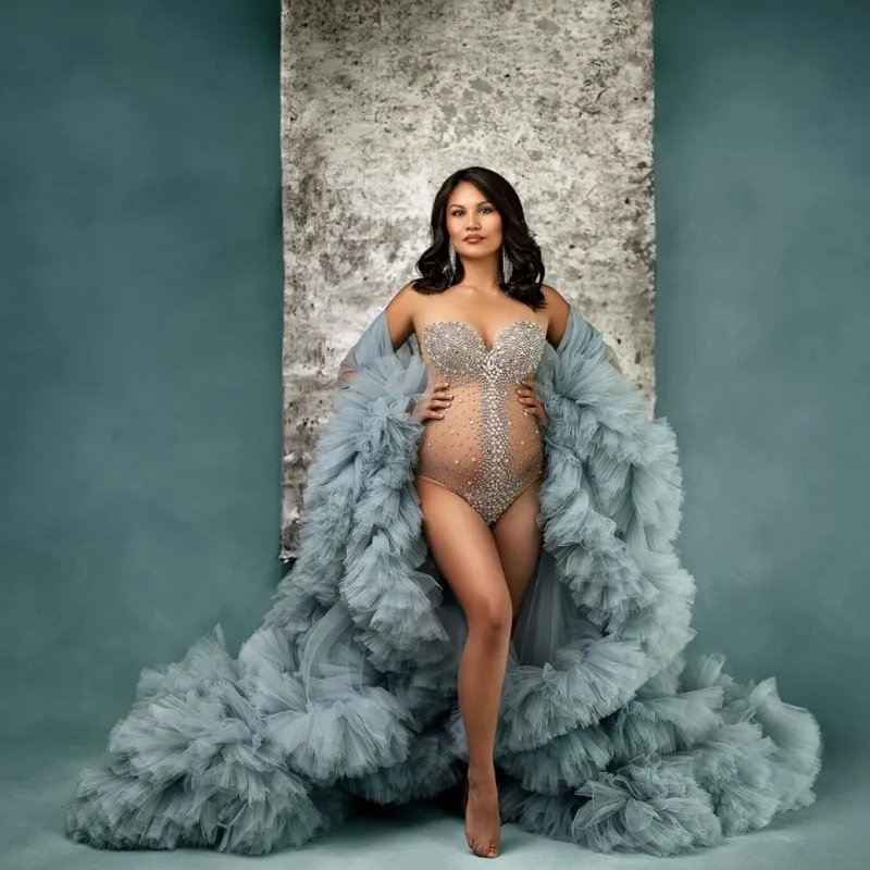 

Женское Пышное Платье с оборками для фотосъемки платье для беременных с комбинезоном с кристаллами платье макси пыльно-синее Тюлевое много...