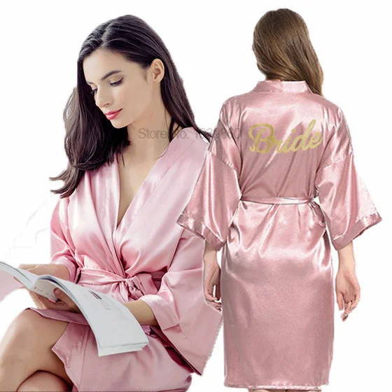 

Wedding Bronzing Robe Gown Bride Bridesmaid Kimono Bathrobe Summer Rayon Nightgown With Belt V-Neck Sleepdress Loungewear