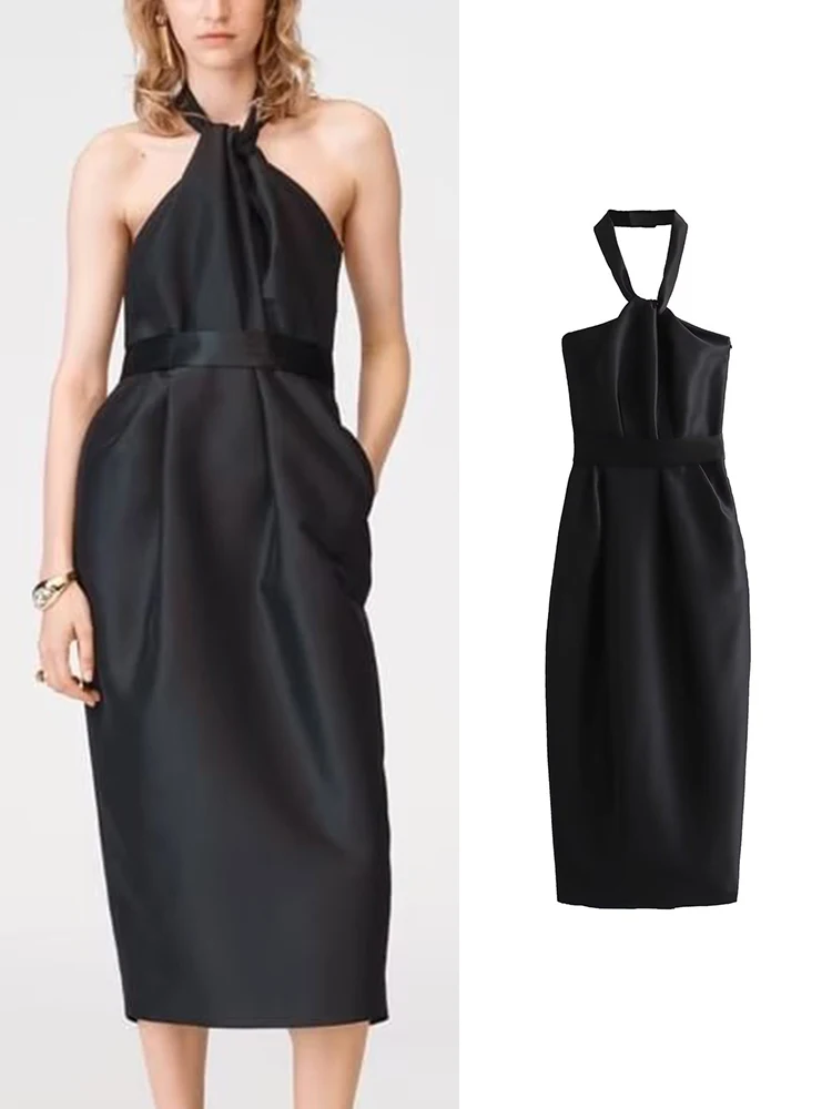 

Модное женское платье с воротником-халтером TRAF 2023, элегантное женское шикарное платье без рукавов с боковой молнией, повседневное женское платье с открытой спиной