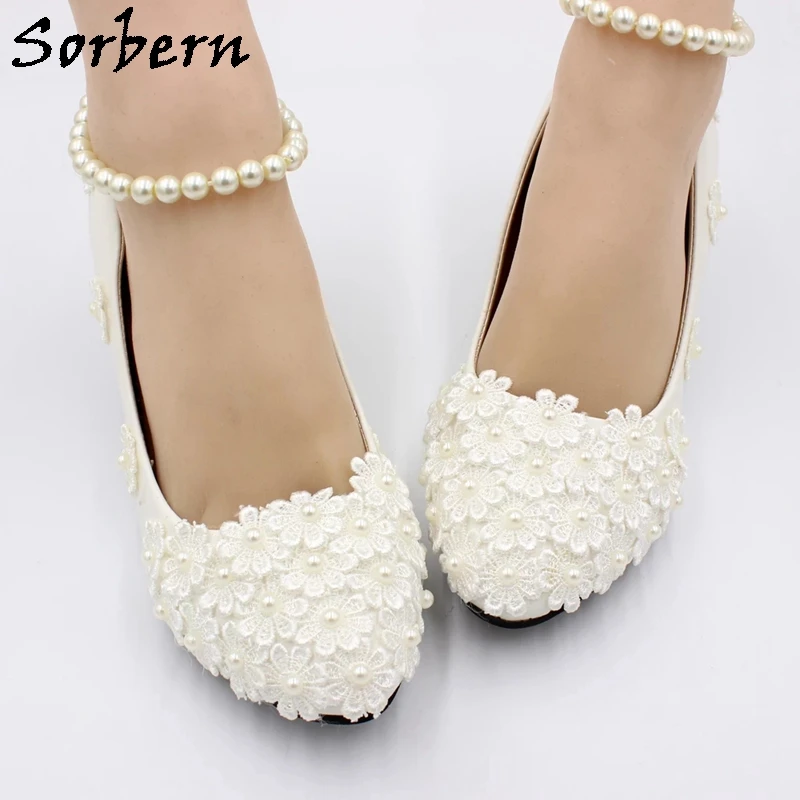 

Sorbern 3Cm 5Cm 8cm Kitten Wedding Shoes Pump Beading Elastic Ankle Strap Bridal Flowers Shoe Bridesmaid Girl Comfy High Heels