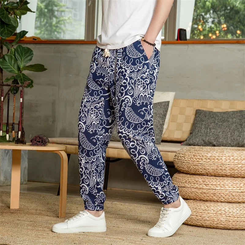 

Men's Linen Pants Summer Chinese Style Harem Pants Street Printed Breathable Cropped Pants Loose Bloomers for Men
